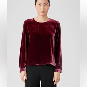 Eileen Fisher Silk Blend Velvet Blouse Size Petite M Burgundy Red Short Length